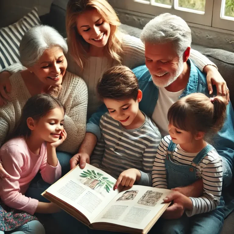 Famille lisant ensemble leur livre de souvenirs